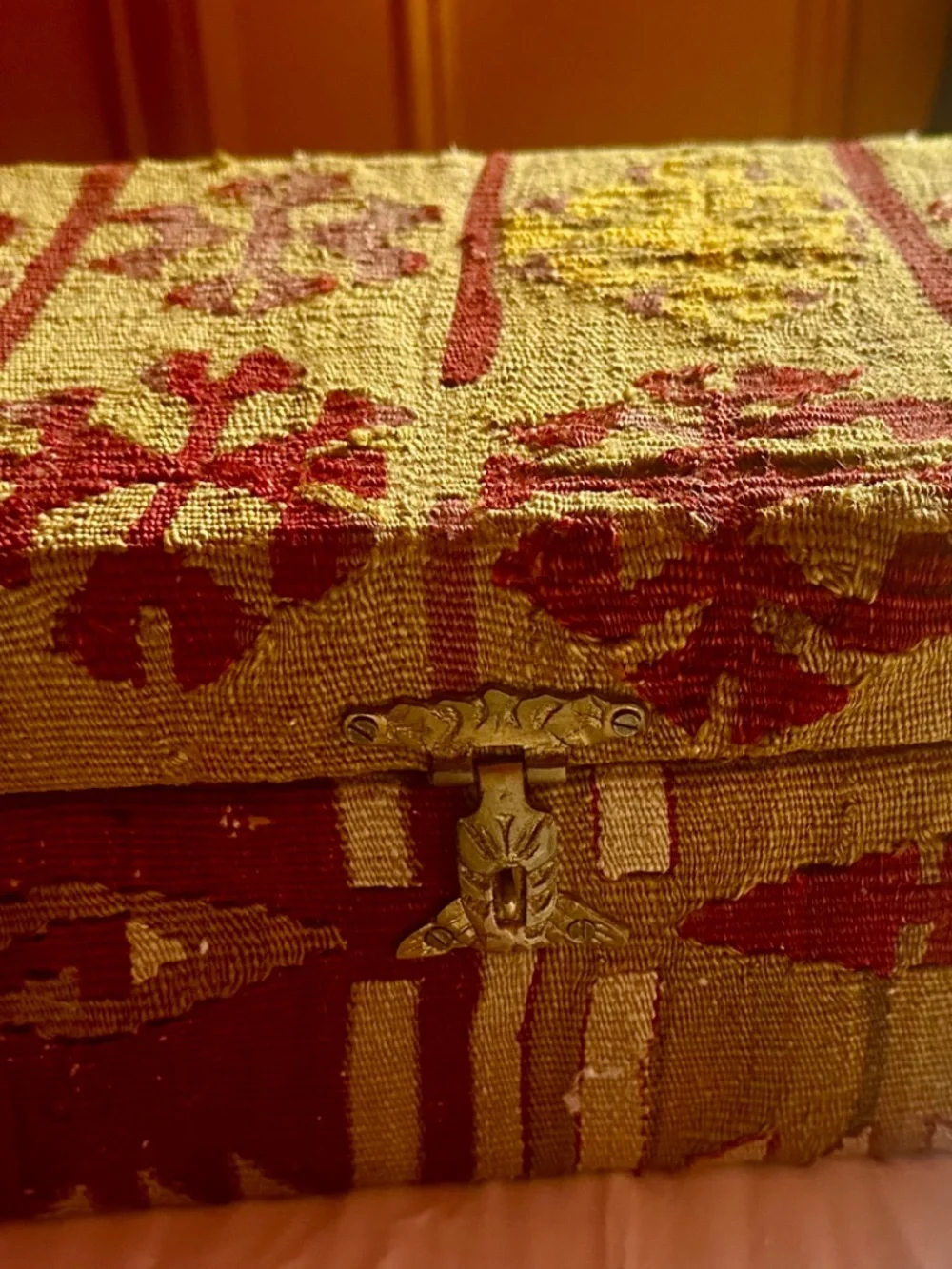 Vintage Turkish Kilim covered storage box with brass hardware